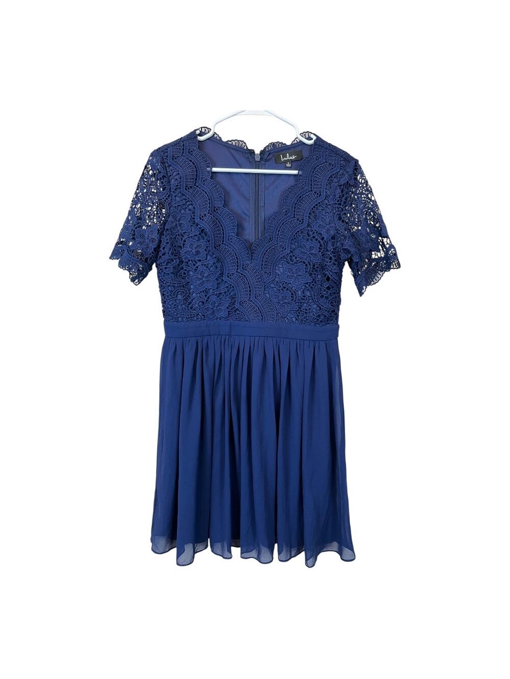 Lulus Angel in Disguise Navy Blue Lace Skater Dress L Fit Flare Cocktail Party